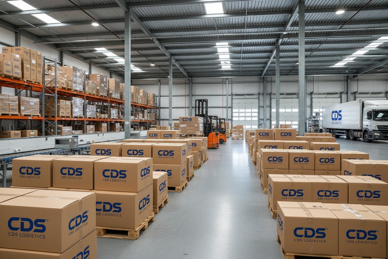 Create an image of a warehouse and logistic boxes branded with name CDS