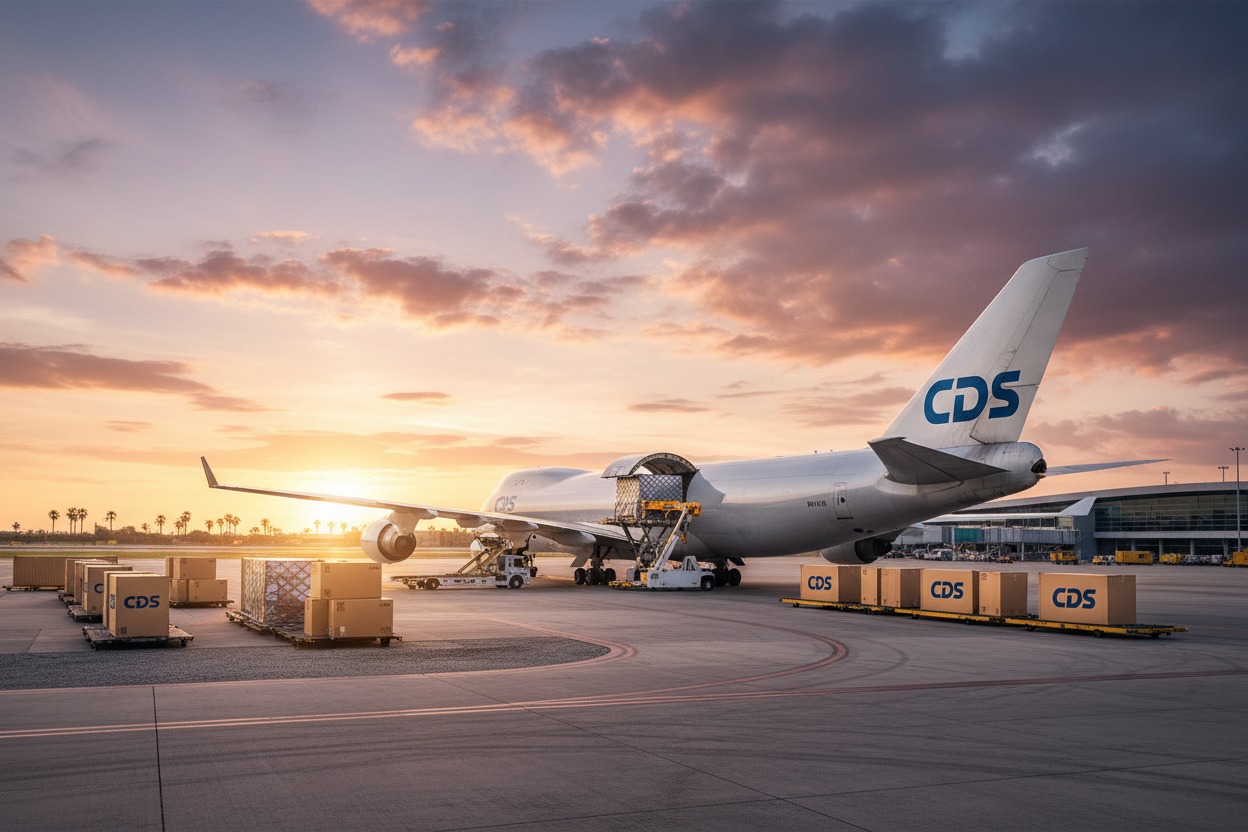 Create an image of a plane and logistic boxes branded with name CDS